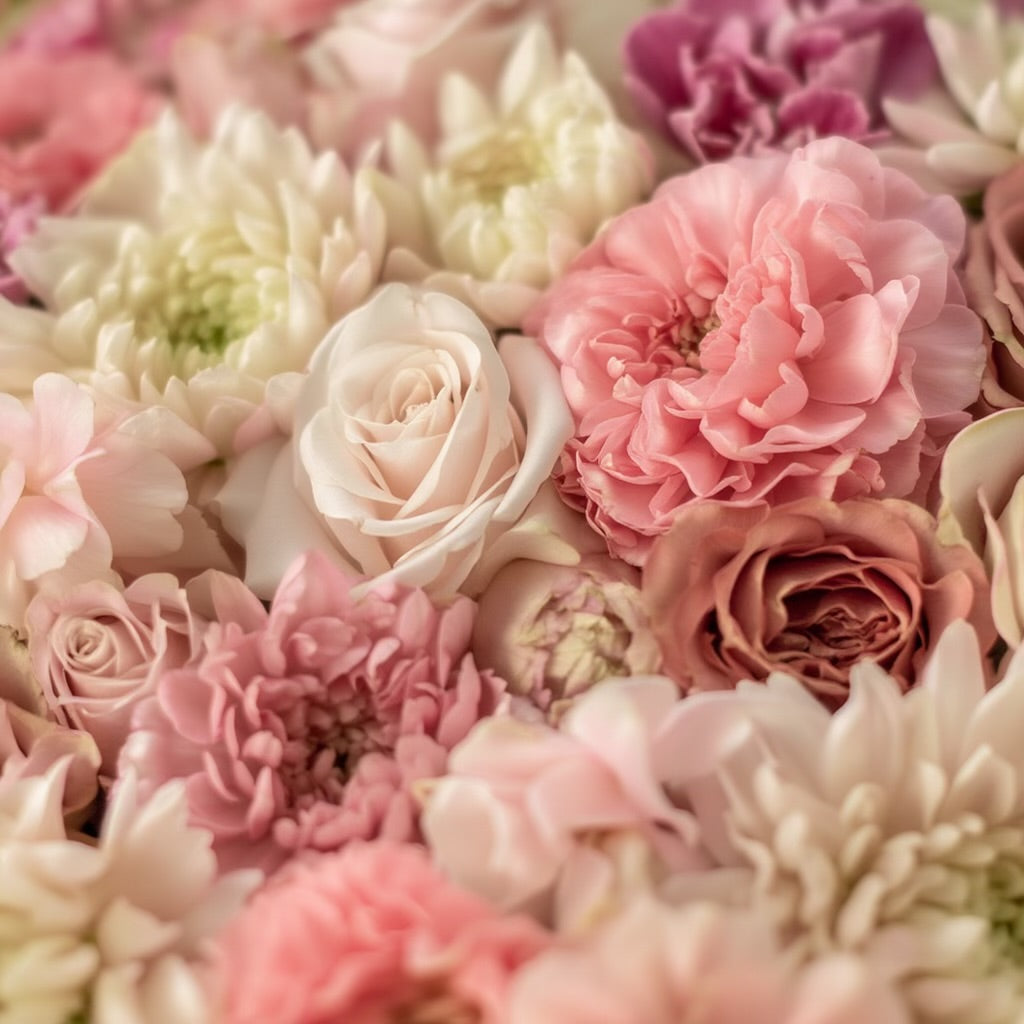 Het stuk van 80 cm bevat Tuinrozen in antiekroze tinten, zachte Chrysanten in pastelkleuren en poederroze Anjers.