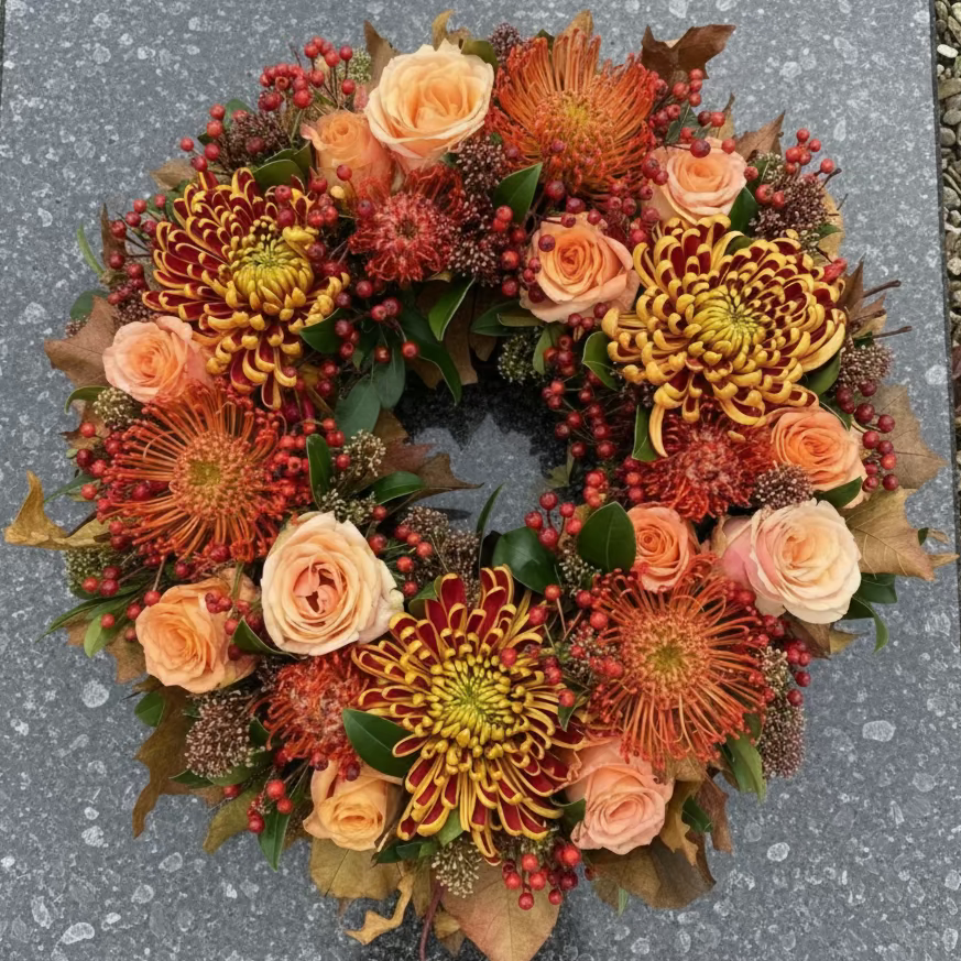 Allerheiligen bloemenkrans in herfsttinten gevuld met rozen, chrysanten, protea’s, bessen afgewerkt met herfstbladeren